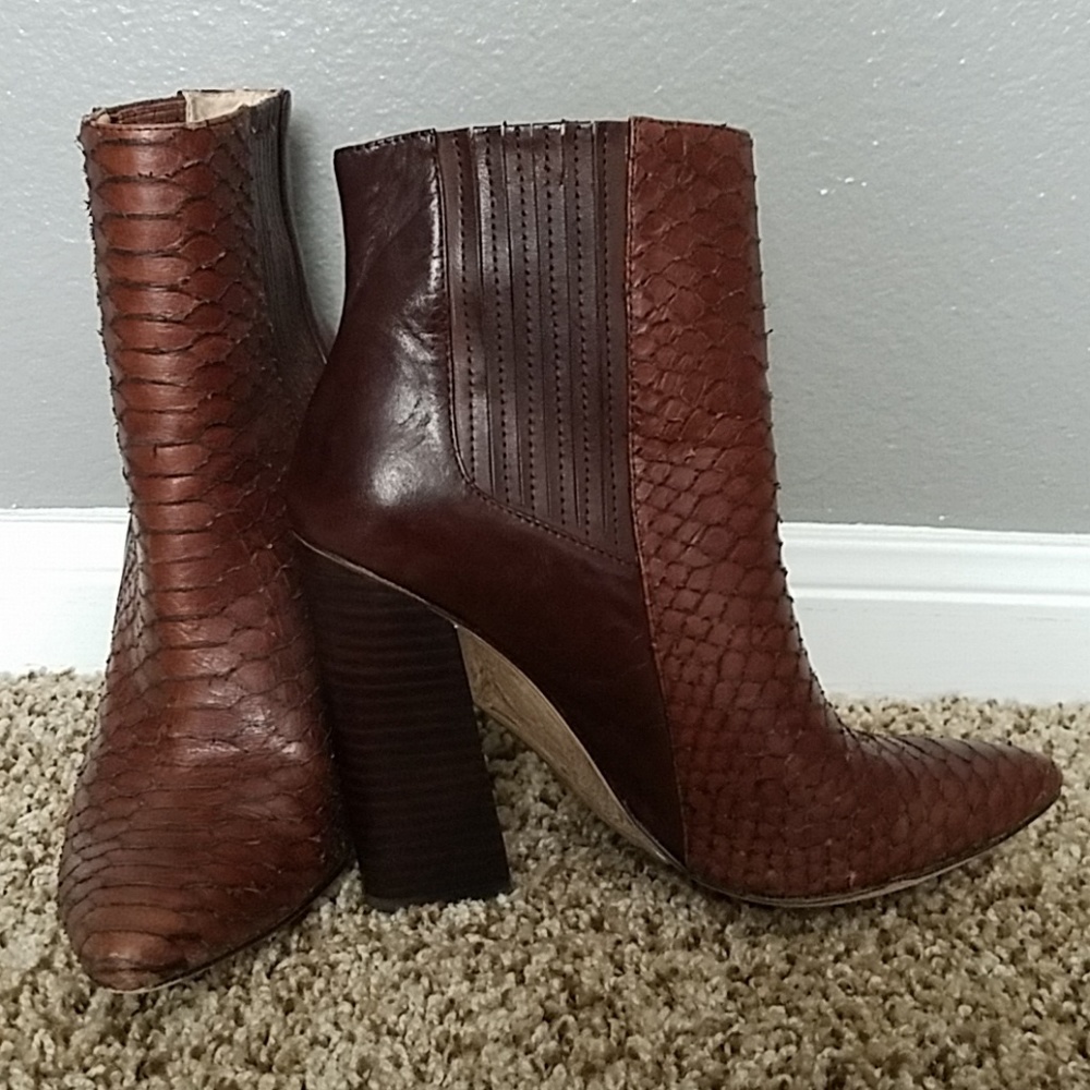 Brown snakeskin & smooth leather boot w/gold  trim